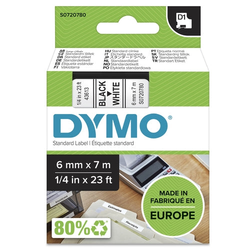Dymo D1 Cinta de Etiquetas Original para Rotuladora - Texto negro sobre fondo blanco - Ancho 6mm x 7 metros - S0720780