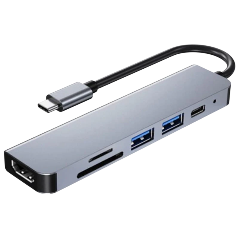 Hub USB BYL-2010 6 en 1 USB Tipo-C/HDMI+USB 3.0+USB 2.0+Tipo C+microSD+TF Gris