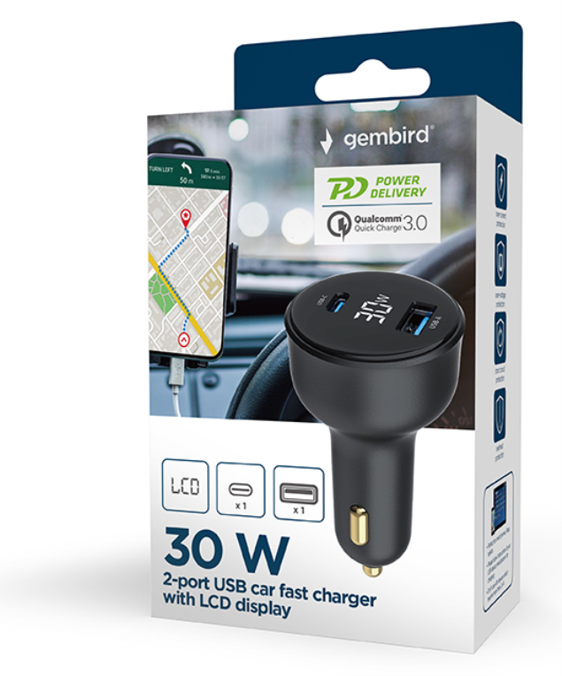 Gembird TA-UC-AC2PD30LCD-CAR-01 cargador de dispositivo móvil Universal Negro Encendedor de cigarrillos Carga rápida Aut