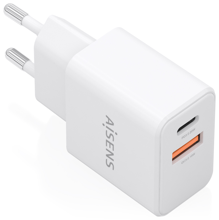 Aisens Cargador GaN 20W, 1xUSB-C PD3.0, 1xUSB-A QC3.0, Blanco
