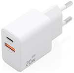 Aisens Cargador GaN 20W, 1xUSB-C PD3.0, 1xUSB-A QC3.0, Blanco
