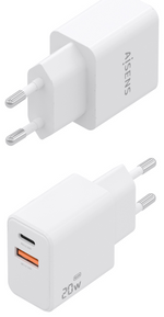 Aisens Cargador GaN 20W, 1xUSB-C PD3.0, 1xUSB-A QC3.0, Blanco