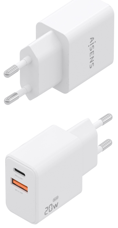 Aisens Cargador GaN 20W, 1xUSB-C PD3.0, 1xUSB-A QC3.0, Blanco
