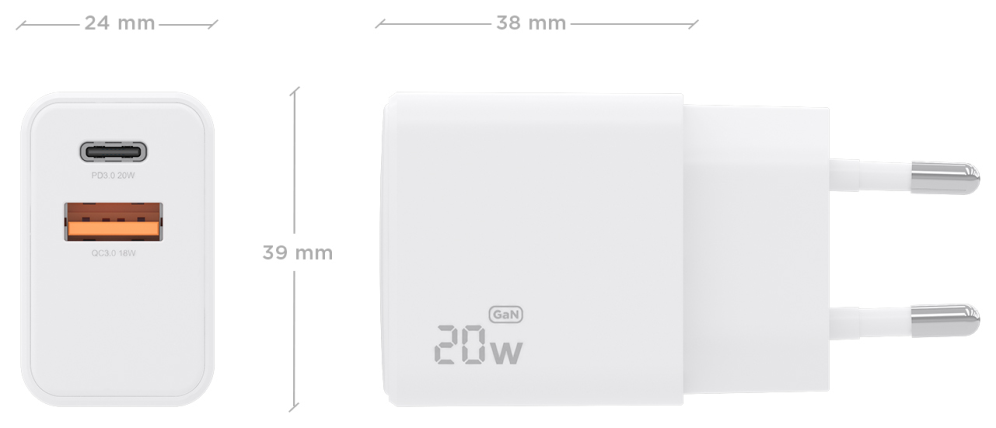 Aisens Cargador GaN 20W, 1xUSB-C PD3.0, 1xUSB-A QC3.0, Blanco