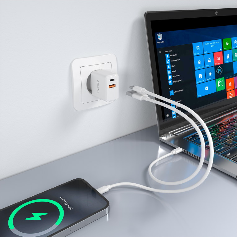 Aisens Cargador GaN 20W, 1xUSB-C PD3.0, 1xUSB-A QC3.0, Blanco
