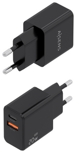 Aisens Cargador GaN 20W, 1xUSB-C PD3.0, 1xUSB-A QC3.0, Negro