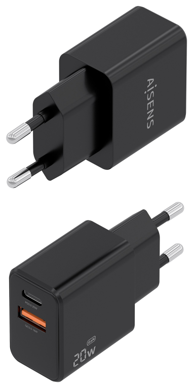 Aisens Cargador GaN 20W, 1xUSB-C PD3.0, 1xUSB-A QC3.0, Negro