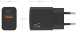 Aisens Cargador GaN 20W, 1xUSB-C PD3.0, 1xUSB-A QC3.0, Negro