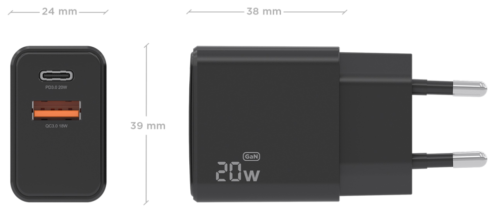 Aisens Cargador GaN 20W, 1xUSB-C PD3.0, 1xUSB-A QC3.0, Negro