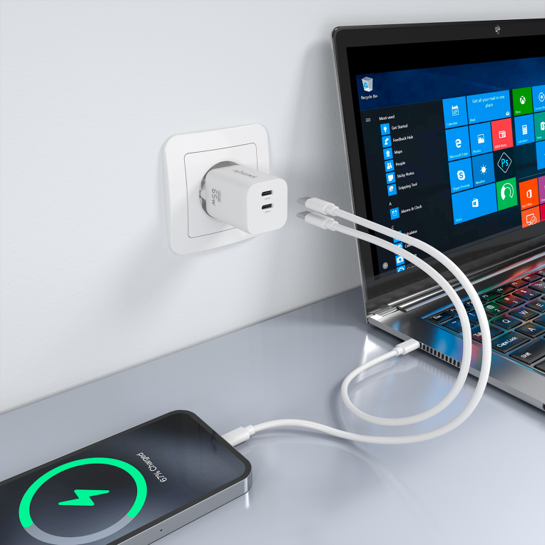 Aisens Cargador GaN 65W, 2xUSB-C PD3.0 QC4.0, Blanco