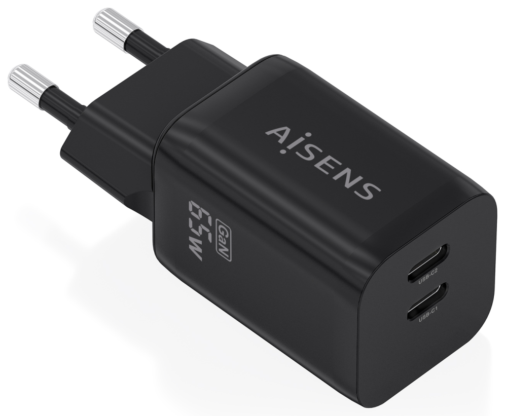 Aisens Cargador GaN 65W, 2xUSB-C PD3.0 QC4.0, Negro