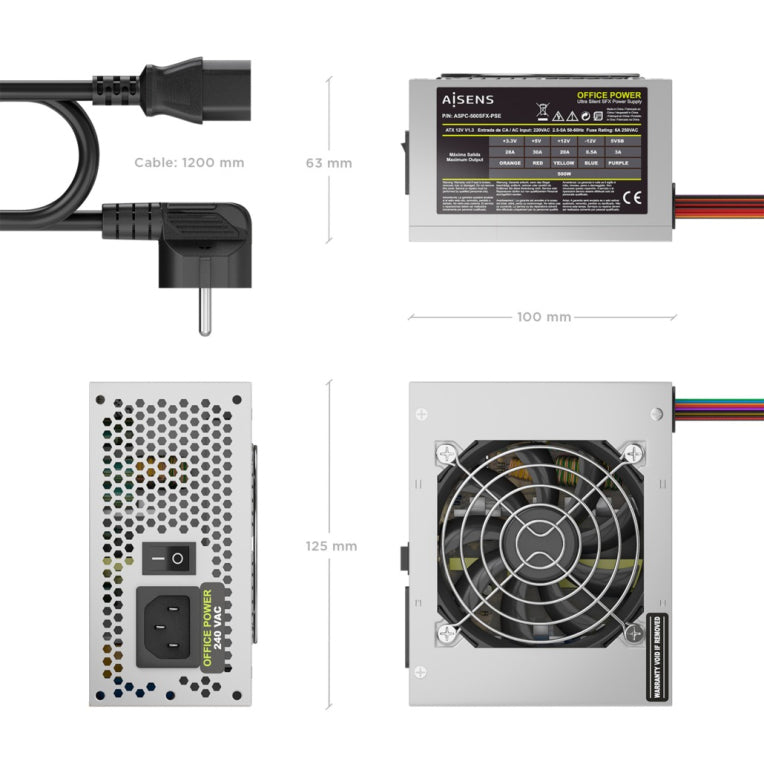 Aisens Fuente Alimentacion SFX 500W con Cable de Alimentacion OEM, Plata