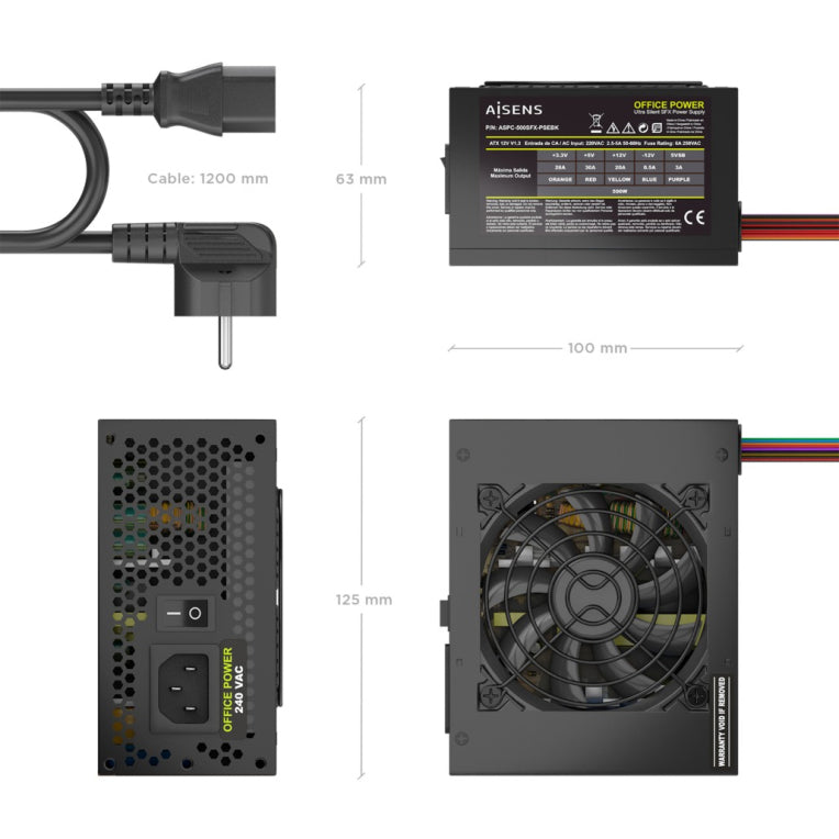 Aisens Fuente Alimentacion SFX 500W con Cable de Alimentacion OEM, Negra