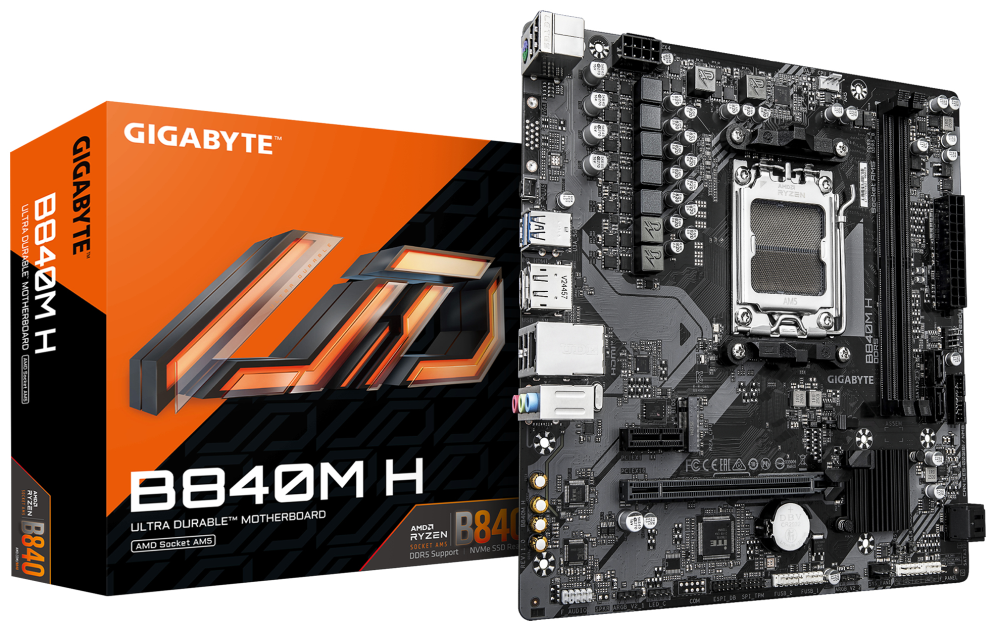 Gigabyte B840M H Placa Base - Procesadores AMD Ryzen 9000, VRM de 5+2+2 fases, hasta 7200MHz DDR5 (O.C), 1xPCIe 4.0 M.2,