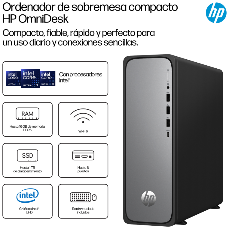HP OmniDesk Slim S03-0020ns PC Intel® Core™ i3 i3-14100 8GB DDR5-SDRAM 512GB SSD FreeDOS Torre Negro, Plata