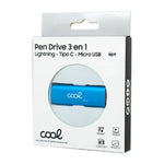 Pen Drive USB x64 GB COOL (3 en 1) Lightning / Tipo-C / USB Azul - PixelPlaza