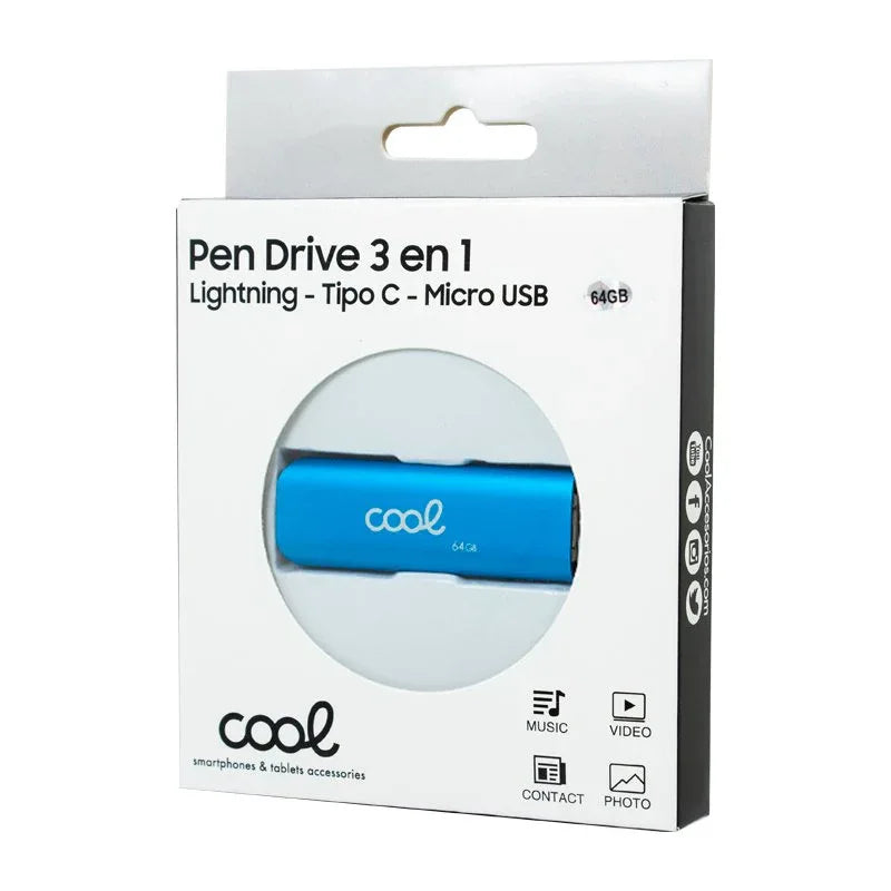 Pen Drive USB x64 GB COOL (3 en 1) Lightning / Tipo-C / USB Azul - PixelPlaza