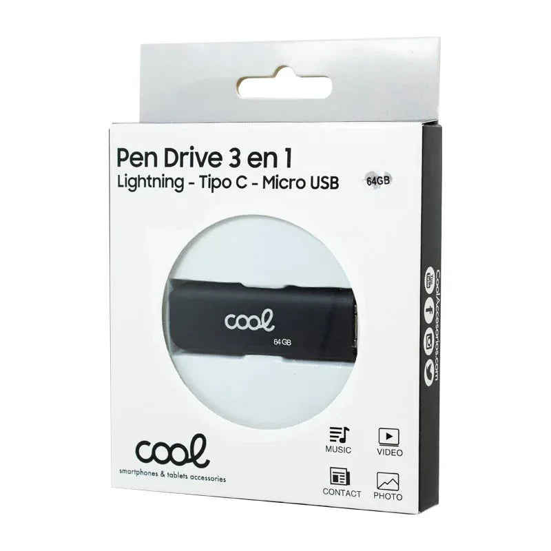 Pen Drive USB x64 GB COOL (3 En 1) Lightning / Tipo-C / USB Negro - PixelPlaza