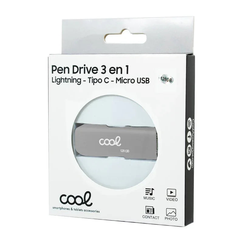 Pen Drive x USB 128 GB COOL (3 en 1) Lightning / Tipo-C / USB Gris - PixelPlaza