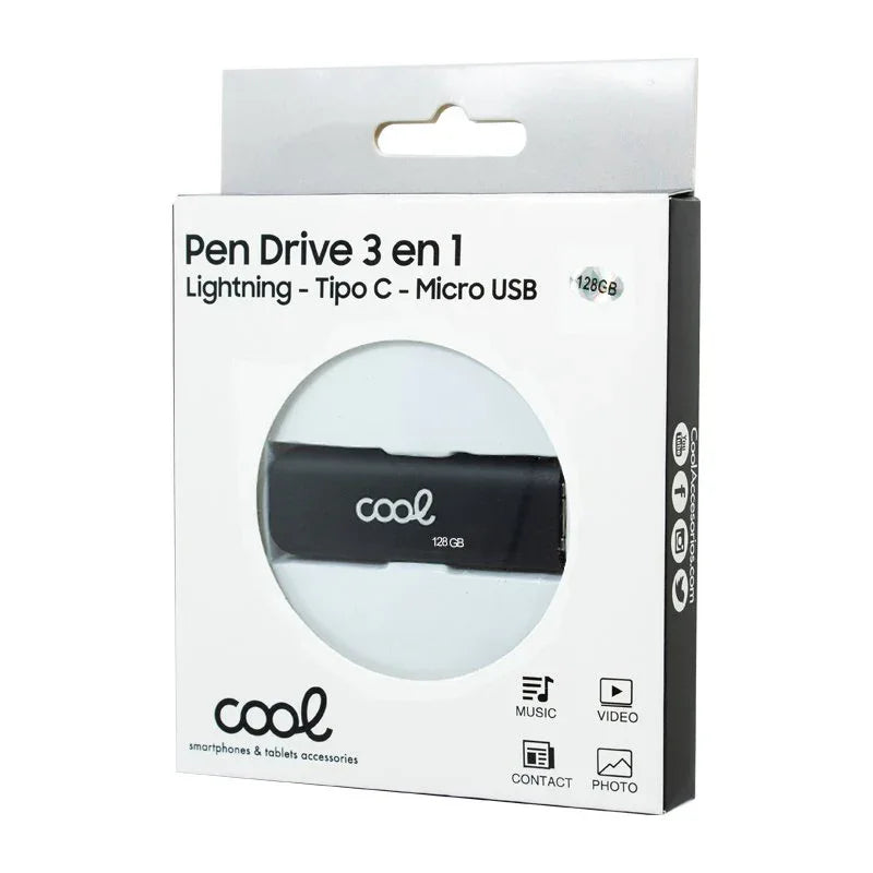 Pen Drive x USB 128 GB COOL (3 en 1) Lightning / Tipo-C / USB Negro - PixelPlaza