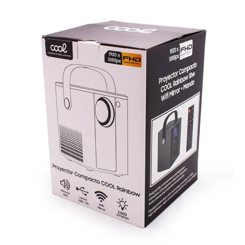 Proyector Compacto COOL Rainbow 3000 Lúmenes Altavoz Integrado + HDMI/SD/USB + Wifi Mirror (Negro) - PixelPlaza