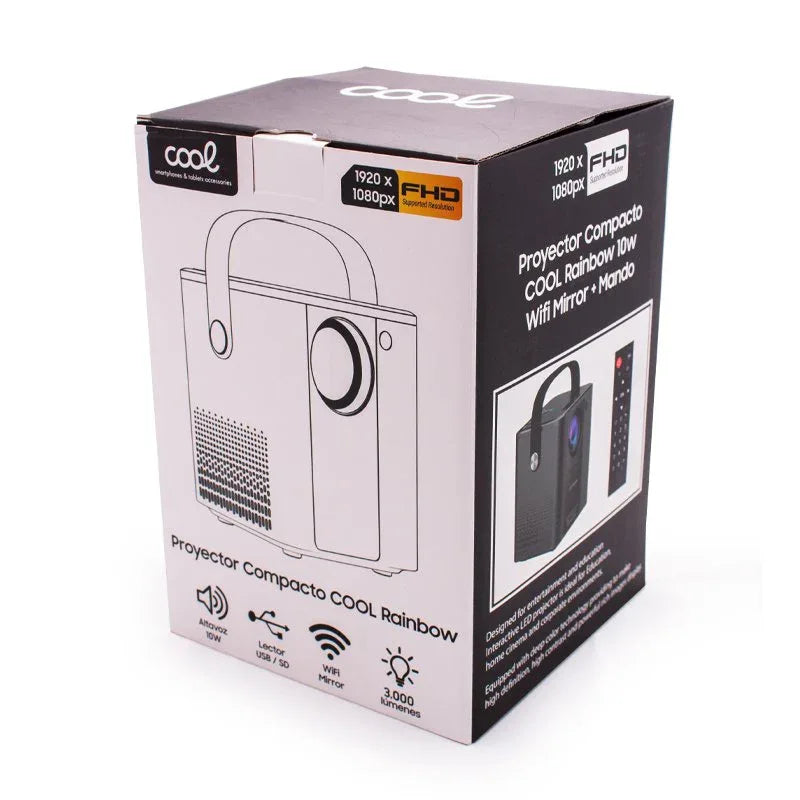 Proyector Compacto COOL Rainbow 3000 Lúmenes Altavoz Integrado + HDMI/SD/USB + Wifi Mirror (Negro) - PixelPlaza