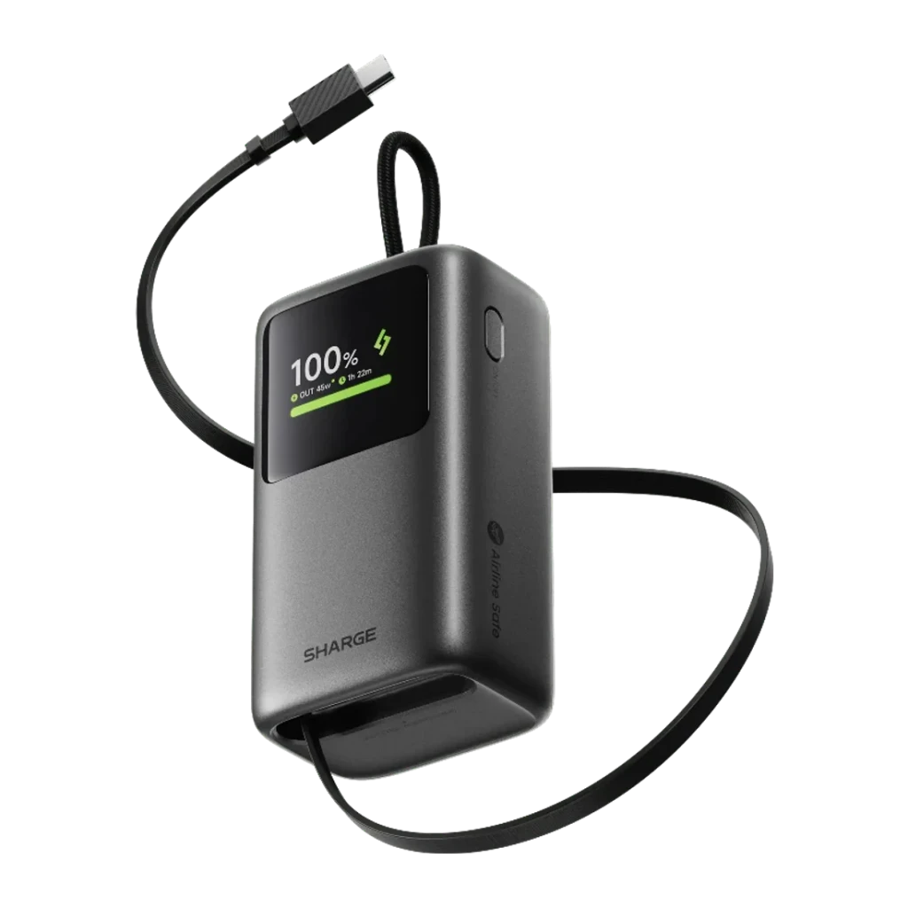Sharge E3 HyperTower Negro con cable retráctil integrado 10000mAh 45W USB-C Power Bank