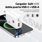 Cargador de Pared GaN Tech One Tech TEC2245/ 1xUSB Tipo-C/ 1xUSB/ 45W