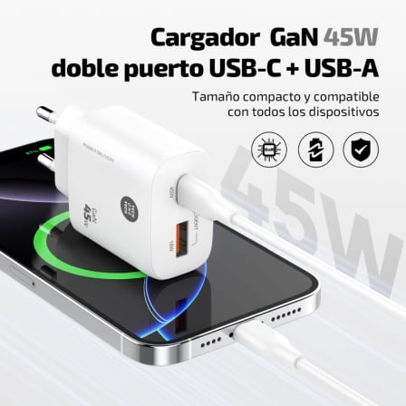 Cargador de Pared GaN Tech One Tech TEC2245/ 1xUSB Tipo-C/ 1xUSB/ 45W