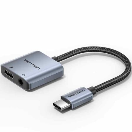 Adaptador Audio Vention BIGHA/ USB Tipo-C Macho - Jack 3.5 Hembra/ USB Tipo-C PD Hembra/ Gris