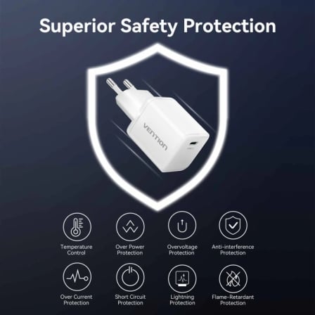 Cargador de Pared GaN Vention FCIW0-EU/ 1xUSB Tipo-C/ 30W