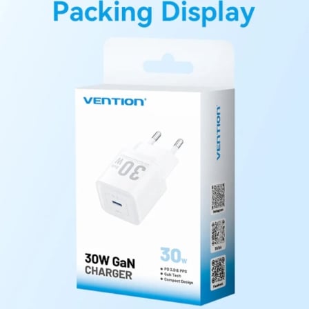 Cargador de Pared GaN Vention FEZB0-EU/ 1xUSB Tipo-C/ 30W