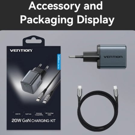 Cargador de Pared GaN Vention TZ-FEVH0-EU/ 1xUSB Tipo-C + Cable Lightning/ 20W