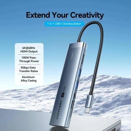 Docking USB Tipo-C Vention TPSHB/ 1xHDMI 4K/ 2xUSB/ 1xUSB Tipo-C/ 1xUSB Tipo-C PD/ 1xLector Tarjetas/ Gris